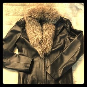 Black leather cache jacket/ fox fur